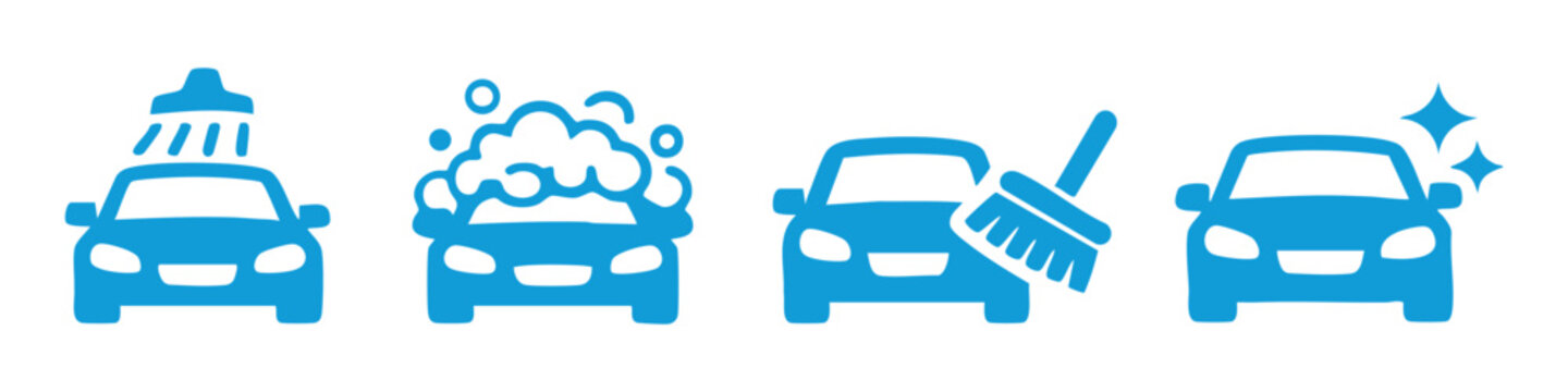 Vector icon set illustrating the car wash process: rinsing, soaping, scrubbing, and polishing. Minimalist flat design for auto cleaning services.