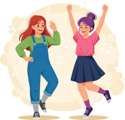 Obraz premium Modern flat design illustration of female students dancing with music notes in the background.