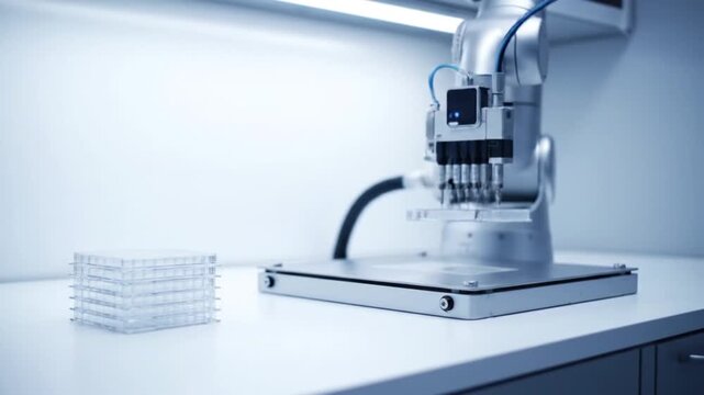 A robotic liquid handling system moves a multi-channel pipette head, automating precise fluid transfer within a laboratory microplate, demonstrating high-throughput screening or biotech research auto