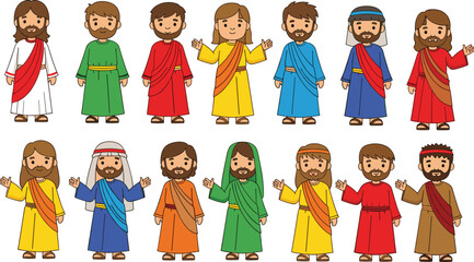 Biblical apostles, Jesus figure, religious illustration, cartoon style, bearded men, robes and sashes, colorful clothing, Christian tradition, educational art, faith asset © Md Shahedul