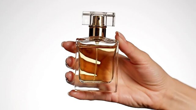 Elegant hand holding luxury amber perfume bottle. A female hand gracefully holds a sophisticated square glass perfume bottle with rich amber fragrance liquid inside.