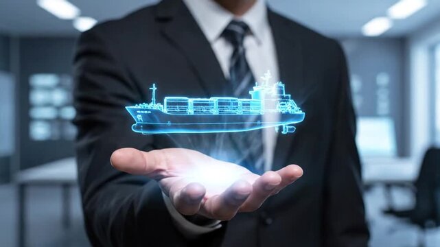 Businessman presenting a holographic projection of a cargo ship, symbolizing modern logistics and future technology in shipping.