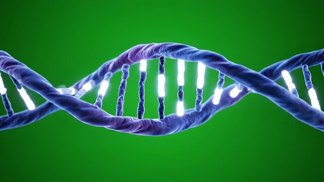 A 3D rendered view of a DNA double helix against a vibrant green background