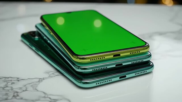 Stack of green and yellow smartphones with green screens, resting on a marble surface
