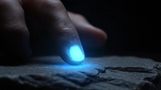 Futuristic VFX Sensory Light Pulse on E-Skin Fingertip Touching Stone