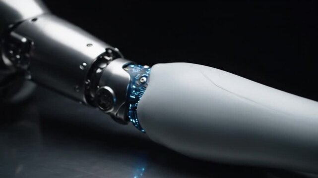 Dramatic Studio Portrait of Metallic Bionic Arm Covered in E-Skin