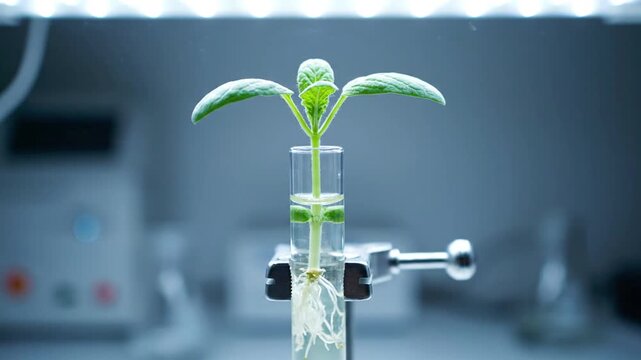 A stable close-up shot of a seedling growing hydroponically in a clamped test tube, featuring visible roots and leaves, set in a brightly lit, sterile laboratory for scientific research.