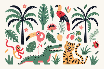 Obraz premium A vibrant illustration depicting tropical animals and lush jungle foliage