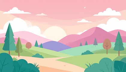 Obraz premium Colorful landscape sunset with mountains trees and soft pastel sky gradient