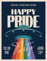 Happy pride month party invitation. Event or festival concept. UFO with LGBTQ flag colours light. Retro design template.  © Maria