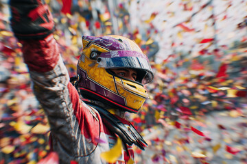 Naklejka premium Driver celebrates victory with arms raised surrounded by confetti after a thrilling formula race on the track