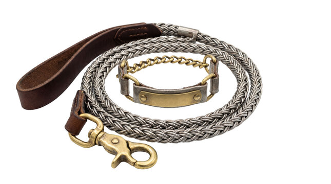 Braided metal dog leash and collar set on transparent background