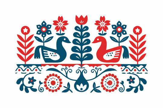 Polish folk art composition featuring birds flowers and decorative elements