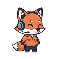 Cute cartoon fox wearing headphones and jacket.