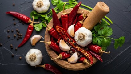 Top view red chili peppers garlic and herbs on board