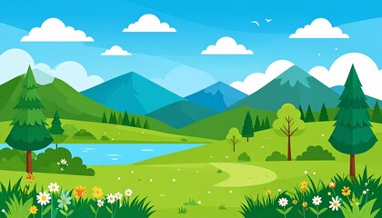 Obraz premium Scenic mountain landscape with river, lush green valley, wildflowers, and blue sky