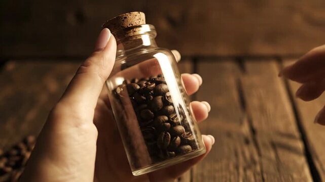 Hand Holding Glass Bottle of Peppercorns.