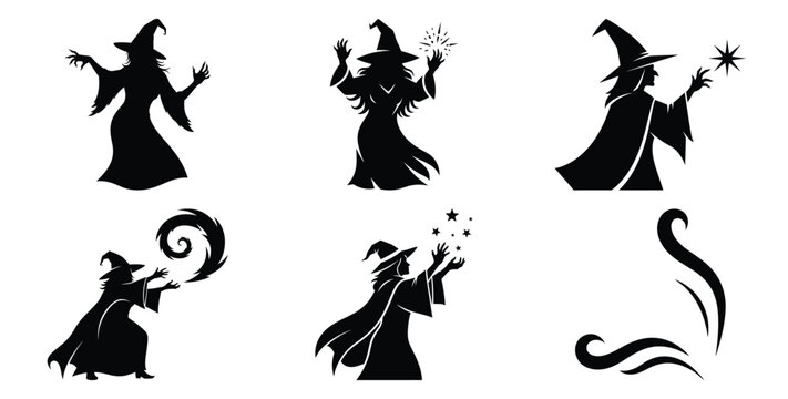 Set of halloween witch silhouette casting spell silhouettes black icon Vector illustration and isolated on white background.