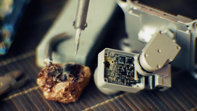 Technician Fixing Microchip with Solder and Flux.  Microelectronics Maintenance