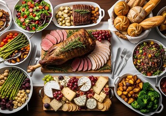 A sumptuous feast featuring roasted meat and assorted delicacies on a table, viewed from directly above.
