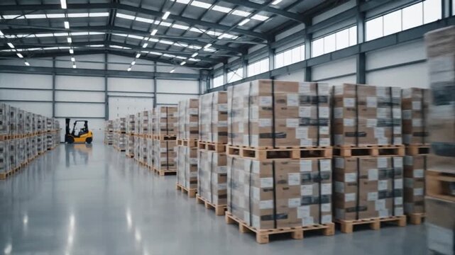 Large modern warehouse interior with rows of stacked cardboard boxes on pallets and a forklift in the background, indicating efficient logistics and storage.