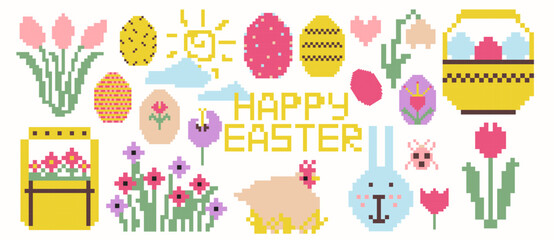 Collection of  8-bit pixel art icons for a Happy Easter celebration. Traditional  festive decorative symbols.  © Aliaksandra