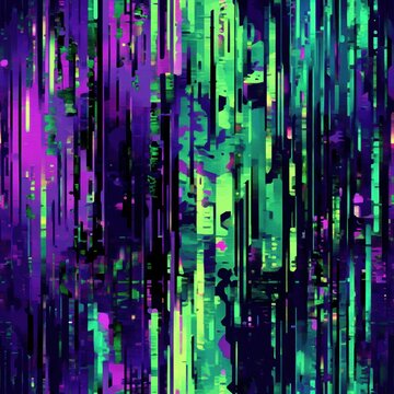 Digital Datamoshing Artifacts Seamless Pattern in Neon Green and Purple