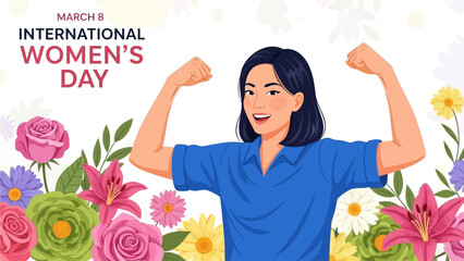 Vector spring holiday banner March 8, girl in flowers with text International Women's Day. Feminism concept, women empowerment, gender equality
