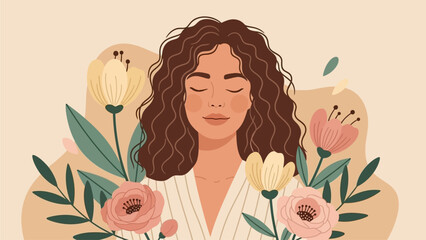 Woman with flowers in her hair on gentle pastel beige pink background. Happy Women's Day. Happy Mother's Day. Vector horizontal holiday banner with place for text. Feminism concept, women empowerment