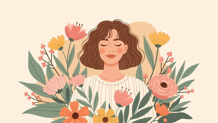 Woman with flowers in her hair on gentle pastel beige pink background. Happy Women's Day. Happy Mother's Day. Vector horizontal holiday banner with place for text. Feminism concept, women empowerment