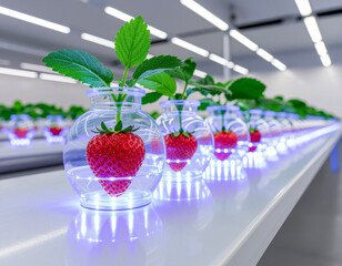 植物工場でLED照明を浴びてカプセルの中で育つ未来のイチゴ
