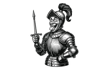 Fototapeta premium Vintage Engraving Woodcut Illustration of Medieval Knight Sticking Out Tongue and Holding Dagger