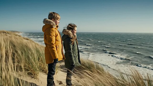 Two Kids in Winter Parkas Overlooking Stormy Sea From Grassy Sand Dunes
