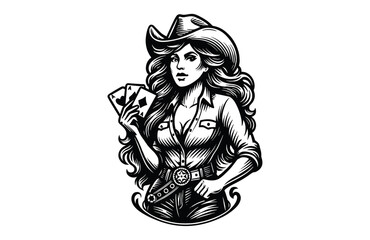 Obraz premium Vintage Engraving Woodcut Illustration of Western Cowgirl Holding Ace Playing Cards