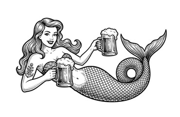 Vintage Engraving Woodcut Illustration of Retro Pin-up Mermaid Holding Beer Mugs