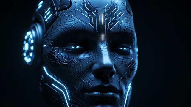 A detailed close-up of a futuristic android face, showcasing glowing blue eyes and illuminated circuit patterns across the surface. The background is a stark, dark gradient