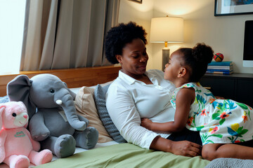 Black woman sitting on bed embracing young Black girl who is leaning in closely, both sharing affectionate moment, plush elephant and pink teddy bear placed beside them on bed