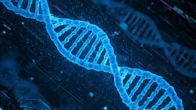 A detailed image of a double helix DNA structure in neon blue with dark background