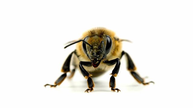 A detailed image of a honey bee, showing its face and legs in crisp, clear detail