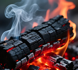 Full background of black charcoal with red-hot cracks, high contrast glow, ultra detailed texture