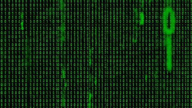 A digital art piece featuring a pattern of green binary code on a black background