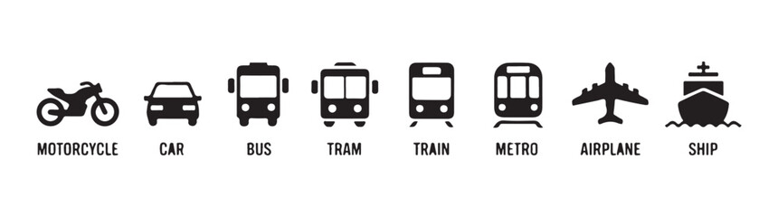 Transportation icon set with black silhouette symbols of motorcycle car bus tram train metro airplane and ship © Mukti