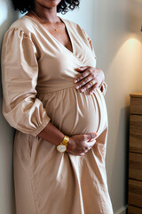 Pregnant Black woman standing indoors gently holding belly with both hands, wearing jewelry and dress, showing anticipation and care during late stage of pregnancy