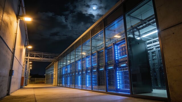 Nighttime data center exterior with glass wall and blue server racks, secure industrial campus setting, modern cloud computing mood for cybersecurity and IT operations
