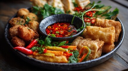 Fototapeta premium Assortment of fried Asian appetizers including spring rolls, fish cakes, and vegetables, served with a spicy dipping sauce.