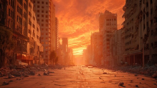 Destroyed city street and collapsed buildings under a dramatic orange sky. Post apocalyptic landscape, abandoned town after war or disaster.