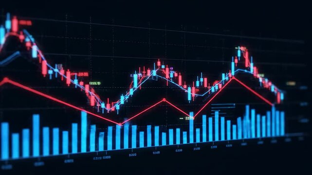 A digital representation of a financial graph with various visual elements, including red and blue lines and bars on a dark background