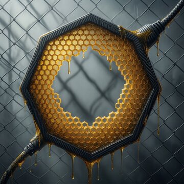 Honey dripping from carbon fiber honeycomb frame on wire fence