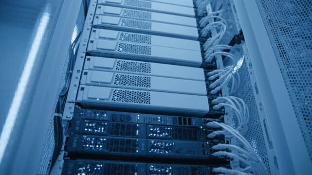 The video shows a detailed close-up of a server rack in a blue-lit data center, focusing on blinking status lights, rows of high-density servers, and intricate white networking cable connections.