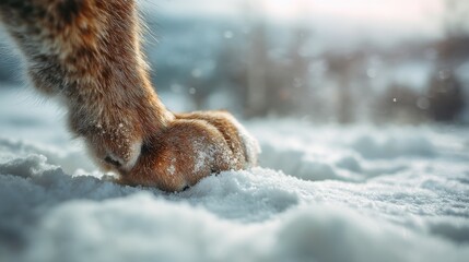 Naklejka premium Side view of an animal paw in the snow. Concept of winter wildlife and nature. Furry animal foot on cold weather, close up.